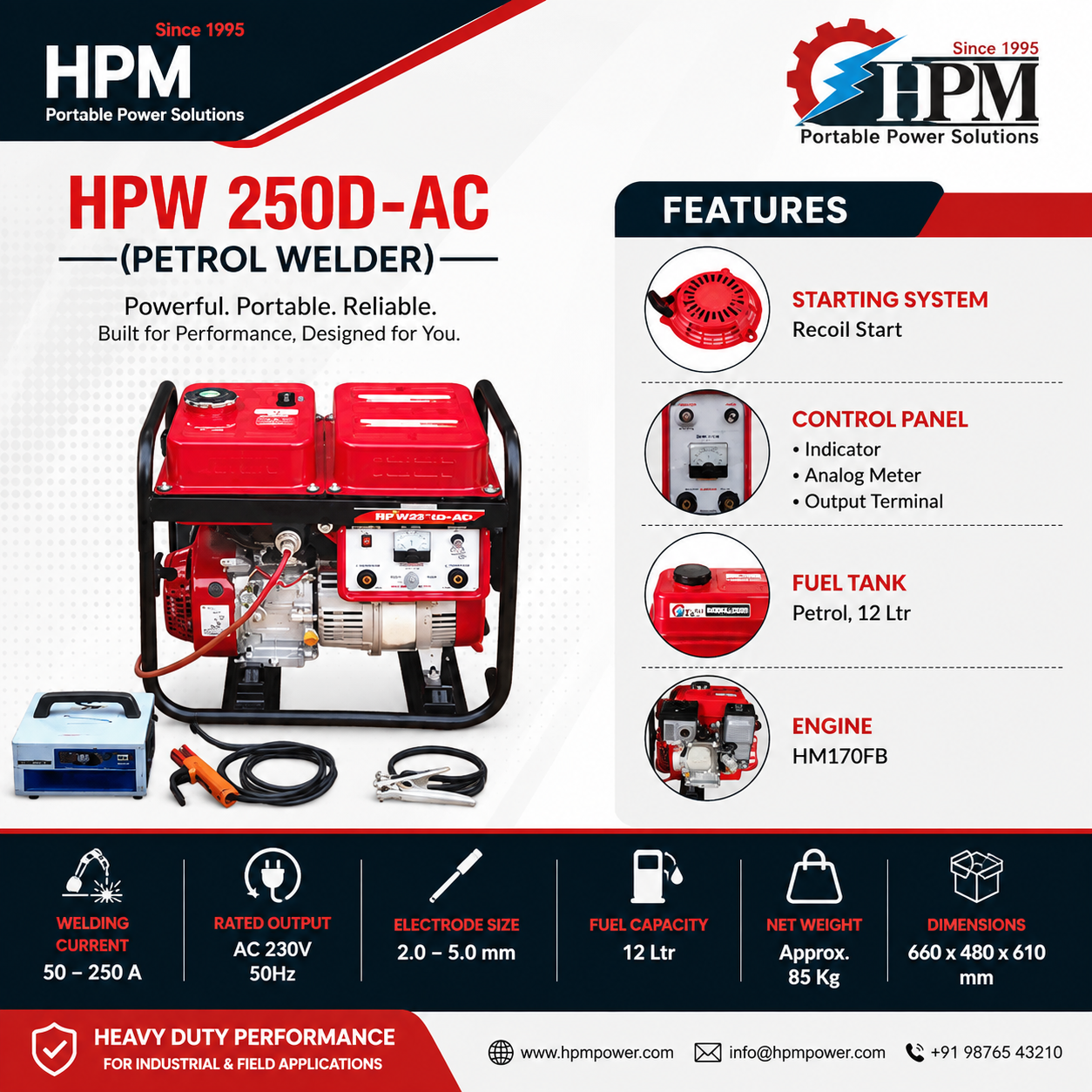200 Amps, Petrol Welding Generator, WITH Recoil Start , Model HPW-250D-AC,  